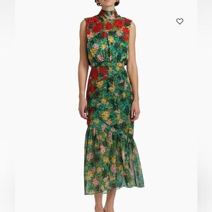 Saloni Fleur Ruffle Floral Silk Midi Dress Size 6